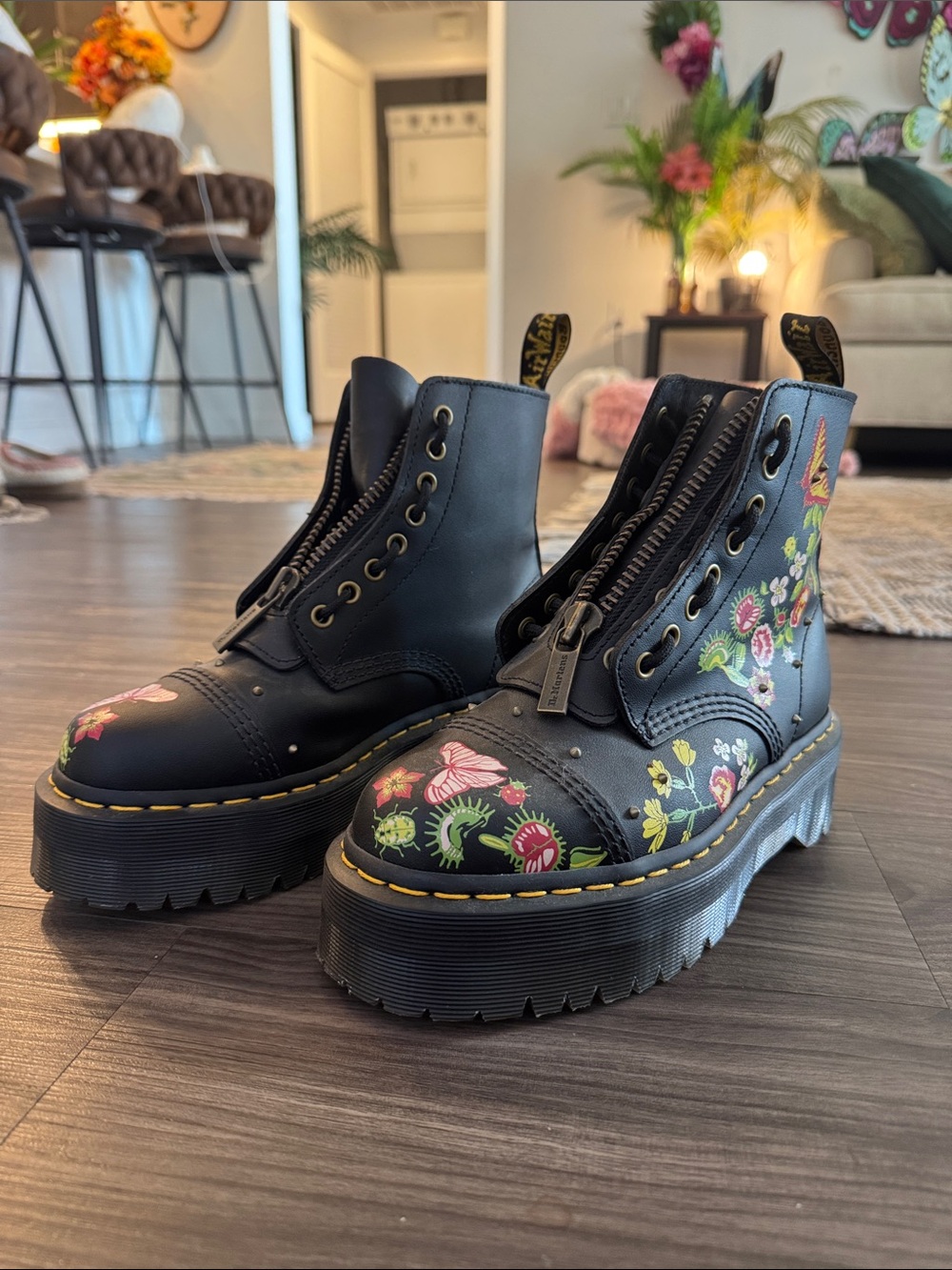 Dr. Martens Black Floral Platform Combat Boots